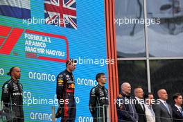 The podium (L to R): Lewis Hamilton (GBR) Mercedes AMG F1, second; Max Verstappen (NLD) Red Bull Racing, race winner; George Russell (GBR) Mercedes AMG F1, third; Adrian Newey (GBR) Red Bull Racing Chief Technical Officer. 31.07.2022. Formula 1 World Championship, Rd 13, Hungarian Grand Prix, Budapest, Hungary, Race Day.