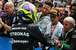 Lewis Hamilton (GBR) Mercedes AMG F1 with Angela Cullen (NZL) Mercedes AMG F1 Physiotherapist in parc ferme. 31.07.2022. Formula 1 World Championship, Rd 13, Hungarian Grand Prix, Budapest, Hungary, Race Day.