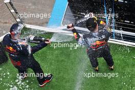 Race winner Max Verstappen (NLD) Red Bull Racing celebrates with Adrian Newey (GBR) Red Bull Racing Chief Technical Officer on the podium. 31.07.2022. Formula 1 World Championship, Rd 13, Hungarian Grand Prix, Budapest, Hungary, Race Day.