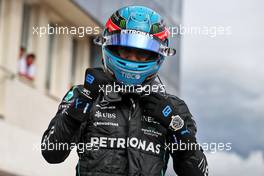 George Russell (GBR) Mercedes AMG F1 celebrates his pole position in qualifying parc ferme. 30.07.2022. Formula 1 World Championship, Rd 13, Hungarian Grand Prix, Budapest, Hungary, Qualifying Day.