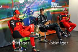 (L to R): Carlos Sainz Jr (ESP) Ferrari; George Russell (GBR) Mercedes AMG F1; and Charles Leclerc (MON) Ferrari, in the post qualifying FIA Press Conference. 30.07.2022. Formula 1 World Championship, Rd 13, Hungarian Grand Prix, Budapest, Hungary, Qualifying Day.