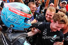George Russell (GBR) Mercedes AMG F1 celebrates his pole position in qualifying parc ferme with the team. 30.07.2022. Formula 1 World Championship, Rd 13, Hungarian Grand Prix, Budapest, Hungary, Qualifying Day.