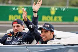 Sergio Perez (MEX) Red Bull Racing and team mate Max Verstappen (NLD) Red Bull Racing on the drivers parade. 31.07.2022. Formula 1 World Championship, Rd 13, Hungarian Grand Prix, Budapest, Hungary, Race Day.