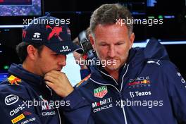 (L to R): Sergio Perez (MEX) Red Bull Racing and Christian Horner (GBR) Red Bull Racing Team Principal. 22.04.2022. Formula 1 World Championship, Rd 4, Emilia Romagna Grand Prix, Imola, Italy, Qualifying Day.