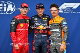Qualifying top three in parc ferme (L to R): Charles Leclerc (MON) Ferrari, second; Max Verstappen (NLD) Red Bull Racing, pole position; Lando Norris (GBR) McLaren, third. 22.04.2022. Formula 1 World Championship, Rd 4, Emilia Romagna Grand Prix, Imola, Italy, Qualifying Day.