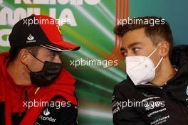 (L to R): Charles Leclerc (MON) Ferrari and George Russell (GBR) Mercedes AMG F1 in the FIA Press Conference. 22.04.2022. Formula 1 World Championship, Rd 4, Emilia Romagna Grand Prix, Imola, Italy, Qualifying Day.