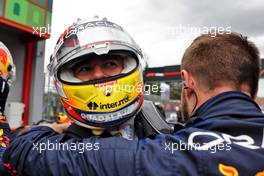 Sergio Perez (MEX) Red Bull Racing celebrates his second position in parc ferme with the team. 24.04.2022. Formula 1 World Championship, Rd 4, Emilia Romagna Grand Prix, Imola, Italy, Race Day.