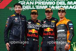 1st place Max Verstappen (NLD) Red Bull Racing RB18, 2nd place Sergio Perez (MEX) Red Bull Racing RB18 and 3rd place Lando Norris (GBR) McLaren MCL36. 24.04.2022. Formula 1 World Championship, Rd 4, Emilia Romagna Grand Prix, Imola, Italy, Race Day.