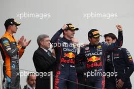Enrico Balbo, Red Bull Racing Head of Aerodynamics with 1st place Max Verstappen (NLD) Red Bull Racing RB18, 2nd place Sergio Perez (MEX) Red Bull Racing RB18 and 3rd place Lando Norris (GBR) McLaren.  24.04.2022. Formula 1 World Championship, Rd 4, Emilia Romagna Grand Prix, Imola, Italy, Race Day.