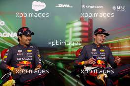 (L to R): Sergio Perez (MEX) Red Bull Racing and team mate Max Verstappen (NLD) Red Bull Racing, in the post race FIA Press Conference. 24.04.2022. Formula 1 World Championship, Rd 4, Emilia Romagna Grand Prix, Imola, Italy, Race Day.