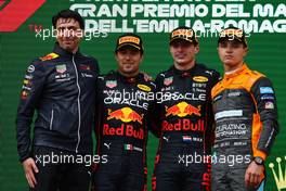Enrico Balbo, Red Bull Racing Head of Aerodynamics with 1st place Max Verstappen (NLD) Red Bull Racing RB18, 2nd place Sergio Perez (MEX) Red Bull Racing RB18 and 3rd place Lando Norris (GBR) McLaren MCL36. 24.04.2022. Formula 1 World Championship, Rd 4, Emilia Romagna Grand Prix, Imola, Italy, Race Day.
