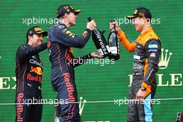 1st place Max Verstappen (NLD) Red Bull Racing RB18, 2nd place Sergio Perez (MEX) Red Bull Racing RB18 and 3rd place Lando Norris (GBR) McLaren MCL36. 24.04.2022. Formula 1 World Championship, Rd 4, Emilia Romagna Grand Prix, Imola, Italy, Race Day.