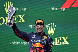 Sergio Perez (MEX) Red Bull Racing celebrates his second position on the podium. 24.04.2022. Formula 1 World Championship, Rd 4, Emilia Romagna Grand Prix, Imola, Italy, Race Day.