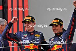 (L to R): Race winner Max Verstappen (NLD) Red Bull Racing celebrates on the podium with team mate Max Verstappen (NLD) Red Bull Racing. 24.04.2022. Formula 1 World Championship, Rd 4, Emilia Romagna Grand Prix, Imola, Italy, Race Day.