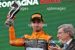 Lando Norris (GBR) McLaren celebrates his third position on the podium. 24.04.2022. Formula 1 World Championship, Rd 4, Emilia Romagna Grand Prix, Imola, Italy, Race Day.