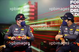 (L to R): Max Verstappen (NLD) Red Bull Racing and Sergio Perez (MEX) Red Bull Racing in the FIA Press Conference. 23.04.2022. Formula 1 World Championship, Rd 4, Emilia Romagna Grand Prix, Imola, Italy, Sprint Day.