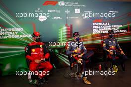 (L to R): Charles Leclerc (MON) Ferrari; Max Verstappen (NLD) Red Bull Racing; and Sebastian Vettel (GER) Aston Martin F1 Team, in the FIA Press Conference. 23.04.2022. Formula 1 World Championship, Rd 4, Emilia Romagna Grand Prix, Imola, Italy, Sprint Day.