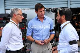 (L to R): Stefano Domenicali (ITA) Formula One President and CEO with Toto Wolff (GER) Mercedes AMG F1 Shareholder and Executive Director and Mohammed Bin Sulayem (UAE) FIA President. 09.09.2022. Formula 1 World Championship, Rd 16, Italian Grand Prix, Monza, Italy, Practice Day.
