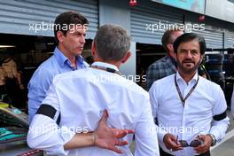 (L to R): Toto Wolff (GER) Mercedes AMG F1 Shareholder and Executive Director with Stefano Domenicali (ITA) Formula One President and CEO and Mohammed Bin Sulayem (UAE) FIA President. 09.09.2022. Formula 1 World Championship, Rd 16, Italian Grand Prix, Monza, Italy, Practice Day.