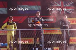  1st place Max Verstappen (NLD) Red Bull Racing RB18, 2nd place Charles Leclerc (MON) Ferrari F1-75 and 3rd place George Russell (GBR) Mercedes AMG F1 W13. 11.09.2022. Formula 1 World Championship, Rd 16, Italian Grand Prix, Monza, Italy, Race Day.