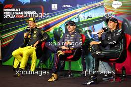 (L to R): Charles Leclerc (MON) Ferrari, Max Verstappen (NLD) Red Bull Racing; and George Russell (GBR) Mercedes AMG F1, in the post race FIA Press Conference. 11.09.2022. Formula 1 World Championship, Rd 16, Italian Grand Prix, Monza, Italy, Race Day.