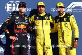 Pole sitter Charles Leclerc (MON) Ferrari celebrates in qualifying parc ferme with second placed Max Verstappen (NLD) Red Bull Racing and Carlos Sainz Jr (ESP) Ferrari in third. 10.09.2022. Formula 1 World Championship, Rd 16, Italian Grand Prix, Monza, Italy, Qualifying Day.