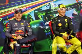 (L to R): Max Verstappen (NLD) Red Bull Racing and Charles Leclerc (MON) Ferrari in the post qualifying FIA Press Conference. 10.09.2022. Formula 1 World Championship, Rd 16, Italian Grand Prix, Monza, Italy, Qualifying Day.