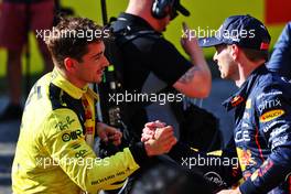 (L to R): Pole sitter Charles Leclerc (MON) Ferrari celebrates in qualifying parc ferme with second placed Max Verstappen (NLD) Red Bull Racing. 10.09.2022. Formula 1 World Championship, Rd 16, Italian Grand Prix, Monza, Italy, Qualifying Day.