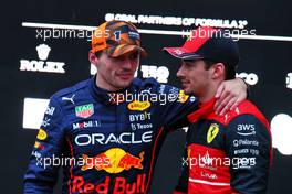 (L to R): race winner Max Verstappen (NLD) Red Bull Racing with Charles Leclerc (MON) Ferrari in parc ferme. 09.10.2022. Formula 1 World Championship, Rd 18, Japanese Grand Prix, Suzuka, Japan, Race Day.