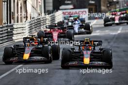 Race winner Sergio Perez (MEX) Red Bull Racing RB18 and Max Verstappen (NLD) Red Bull Racing RB18 at the end of the race. 29.05.2022. Formula 1 World Championship, Rd 7, Monaco Grand Prix, Monte Carlo, Monaco, Race Day.