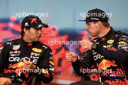 (L to R): Sergio Perez (MEX) Red Bull Racing and Max Verstappen (NLD) Red Bull Racing in the post race FIA Press Conference. 29.05.2022. Formula 1 World Championship, Rd 7, Monaco Grand Prix, Monte Carlo, Monaco, Race Day.