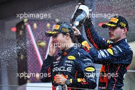(L to R): Race winner Sergio Perez (MEX) Red Bull Racing celebrates on the podium with third placed team mate Max Verstappen (NLD) Red Bull Racing. 29.05.2022. Formula 1 World Championship, Rd 7, Monaco Grand Prix, Monte Carlo, Monaco, Race Day.