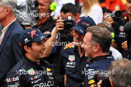 (L to R): Race winner Sergio Perez (MEX) Red Bull Racing in parc ferme with Adrian Newey (GBR) Red Bull Racing Chief Technical Officer and Christian Horner (GBR) Red Bull Racing Team Principal. 29.05.2022. Formula 1 World Championship, Rd 7, Monaco Grand Prix, Monte Carlo, Monaco, Race Day.