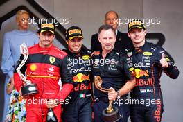 The podium (L to R): Carlos Sainz Jr (ESP) Ferrari, second; Sergio Perez (MEX) Red Bull Racing, race winner; Max Verstappen (NLD) Red Bull Racing, third. 29.05.2022. Formula 1 World Championship, Rd 7, Monaco Grand Prix, Monte Carlo, Monaco, Race Day.