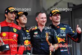 The podium (L to R): Carlos Sainz Jr (ESP) Ferrari, second; Sergio Perez (MEX) Red Bull Racing, race winner; Christian Horner (GBR) Red Bull Racing Team Principal; Max Verstappen (NLD) Red Bull Racing, third. 29.05.2022. Formula 1 World Championship, Rd 7, Monaco Grand Prix, Monte Carlo, Monaco, Race Day.