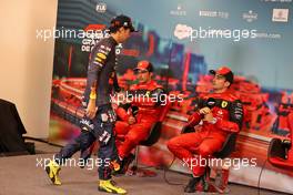 (L to R): Sergio Perez (MEX) Red Bull Racing; Carlos Sainz Jr (ESP) Ferrari; and Charles Leclerc (MON) Ferrari, in the post qualifying FIA Press Conference. 28.05.2022. Formula 1 World Championship, Rd 7, Monaco Grand Prix, Monte Carlo, Monaco, Qualifying Day.