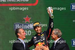 Sergio Perez (MEX) Red Bull Racing celebrates his third position with Carlos Slim Domit (MEX) Chairman of America Movil (Left) and Alejandro Soberon (MEX) President and CEO for CIE Group and President of Formula 1 Gran Premio de Mexico (Right) on the podium. 30.10.2022. Formula 1 World Championship, Rd 20, Mexican Grand Prix, Mexico City, Mexico, Race Day.