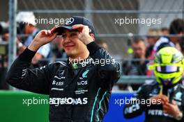 George Russell (GBR) Mercedes AMG F1 celebrates his second position in qualifying parc ferme.  29.10.2022. Formula 1 World Championship, Rd 20, Mexican Grand Prix, Mexico City, Mexico, Qualifying Day.