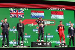 The podium (L to R): George Russell (GBR) Mercedes AMG F1, second; Max Verstappen (NLD) Red Bull Racing, race winner; Charles Leclerc (MON) Ferrari, third. 04.09.2022. Formula 1 World Championship, Rd 14, Dutch Grand Prix, Zandvoort, Netherlands, Race Day.