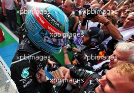 George Russell (GBR) Mercedes AMG F1 celebrates his second position with the team in parc ferme. 04.09.2022. Formula 1 World Championship, Rd 14, Dutch Grand Prix, Zandvoort, Netherlands, Race Day.