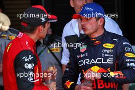 (L to R): Charles Leclerc (MON) Ferrari with pole sitter Max Verstappen (NLD) Red Bull Racing in qualifying parc ferme. 03.09.2022. Formula 1 World Championship, Rd 14, Dutch Grand Prix, Zandvoort, Netherlands, Qualifying Day.
