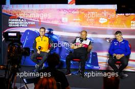 (L to R): Andreas Seidl, McLaren Managing Director; Frederic Vasseur (FRA) Alfa Romeo F1 Team Team Principal; and Guenther Steiner (ITA) Haas F1 Team Prinicipal in the FIA Press Conference. 03.09.2022. Formula 1 World Championship, Rd 14, Dutch Grand Prix, Zandvoort, Netherlands, Qualifying Day.