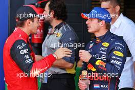 (L to R): Charles Leclerc (MON) Ferrari with pole sitter Max Verstappen (NLD) Red Bull Racing in qualifying parc ferme. 03.09.2022. Formula 1 World Championship, Rd 14, Dutch Grand Prix, Zandvoort, Netherlands, Qualifying Day.