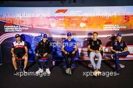 (L to R): Valtteri Bottas (FIN) Alfa Romeo F1 Team; Esteban Ocon (FRA) Alpine F1 Team; Mick Schumacher (GER) Haas F1 Team; George Russell (GBR) Mercedes AMG F1; and Max Verstappen (NLD) Red Bull Racing, in the FIA Press Conference. 01.09.2022. Formula 1 World Championship, Rd 14, Dutch Grand Prix, Zandvoort, Netherlands, Preparation Day.