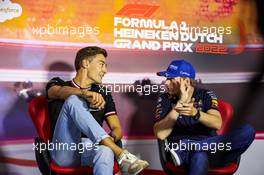 (L to R): George Russell (GBR) Mercedes AMG F1 and Max Verstappen (NLD) Red Bull Racing in the FIA Press Conference. 01.09.2022. Formula 1 World Championship, Rd 14, Dutch Grand Prix, Zandvoort, Netherlands, Preparation Day.
