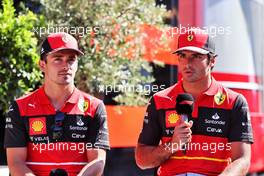 (L to R): Charles Leclerc (MON) Ferrari with team mate Carlos Sainz Jr (ESP) Ferrari. 01.09.2022. Formula 1 World Championship, Rd 14, Dutch Grand Prix, Zandvoort, Netherlands, Preparation Day.