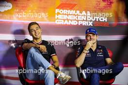 (L to R): George Russell (GBR) Mercedes AMG F1 and Max Verstappen (NLD) Red Bull Racing in the FIA Press Conference. 01.09.2022. Formula 1 World Championship, Rd 14, Dutch Grand Prix, Zandvoort, Netherlands, Preparation Day.