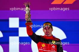 Charles Leclerc (MON) Ferrari celebrates his second position on the podium. 27.03.2022. Formula 1 World Championship, Rd 2, Saudi Arabian Grand Prix, Jeddah, Saudi Arabia, Race Day.