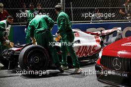The Haas VF-22 of Mick Schumacher (GER) Haas F1 Team after he crashed in qualifying. 26.03.2022. Formula 1 World Championship, Rd 2, Saudi Arabian Grand Prix, Jeddah, Saudi Arabia, Qualifying Day.