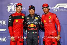 Qualifying top three (L to R): Charles Leclerc (MON) Ferrari, second; Sergio Perez (MEX) Red Bull Racing, pole position; Carlos Sainz Jr (ESP) Ferrari, third. 26.03.2022. Formula 1 World Championship, Rd 2, Saudi Arabian Grand Prix, Jeddah, Saudi Arabia, Qualifying Day.